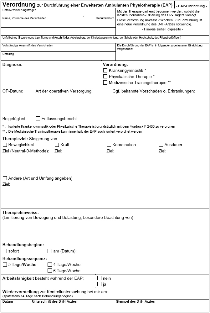 Verordnung zur Durchführung einer Erweiterten Ambulanten Physiotherapie (EAP)