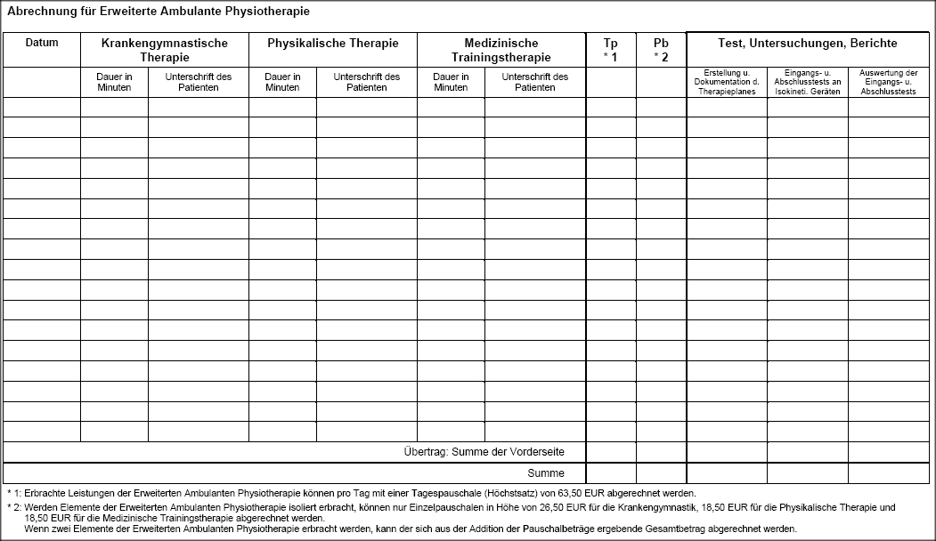 Abrechnung für Erweiterte Ambulante Physiotherapie