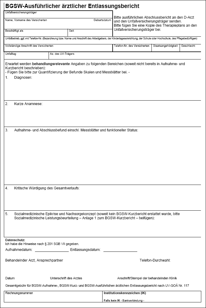 BGSW-Ausführlicher ärztlicher Entlassungsbericht